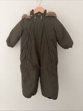 H&M Toddler Olive Green Puffer Snowsuit with Faux Fur Hood 12-18 Months